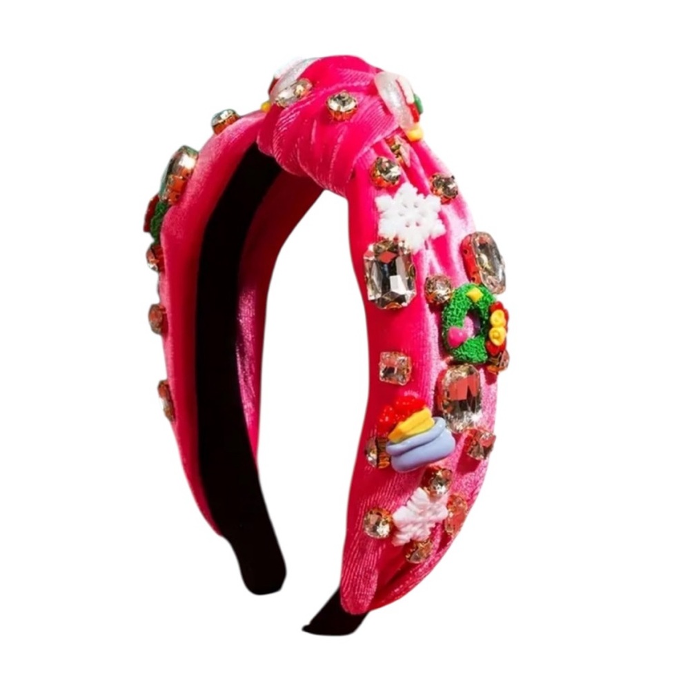 Rose Red Velvet Christmas Headband with Rhinestone Accents